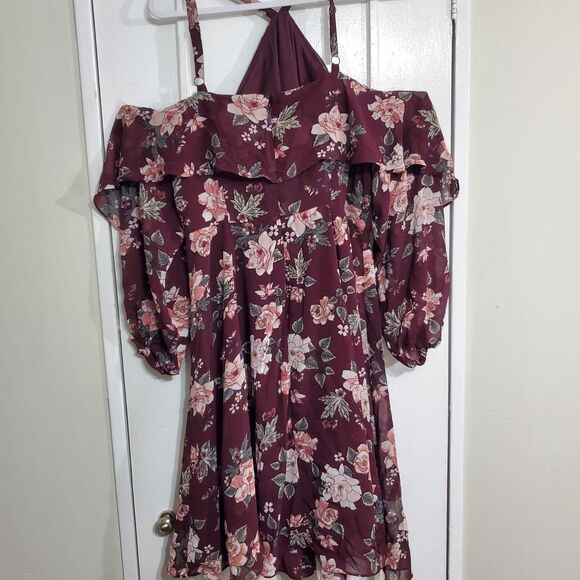 Torid Women's Plus Size 14 Burgundy Floral Cold Shoulder Boho Dress.  SKU# A-117 - Picture 12 of 16